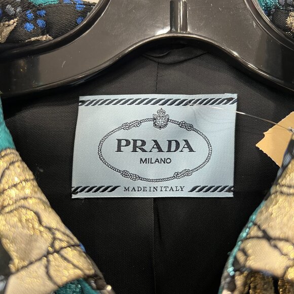$2250 PRADA 2018 Black Embroidered Silk Floral Brocade Zip Ruffle Jacket IT 38/2 - Picture 11 of 14